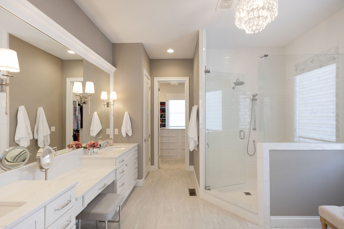 Primary Bathroom Double Vanity, Large Walk-in Shower and Closet with Island Storage